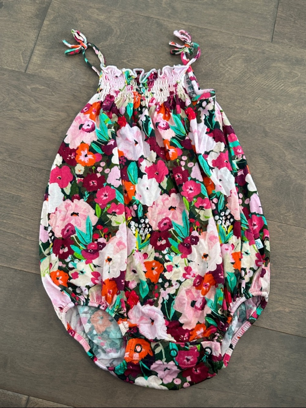 Posh Peanut Floral Smocked Bubble Romper in Pink & Green